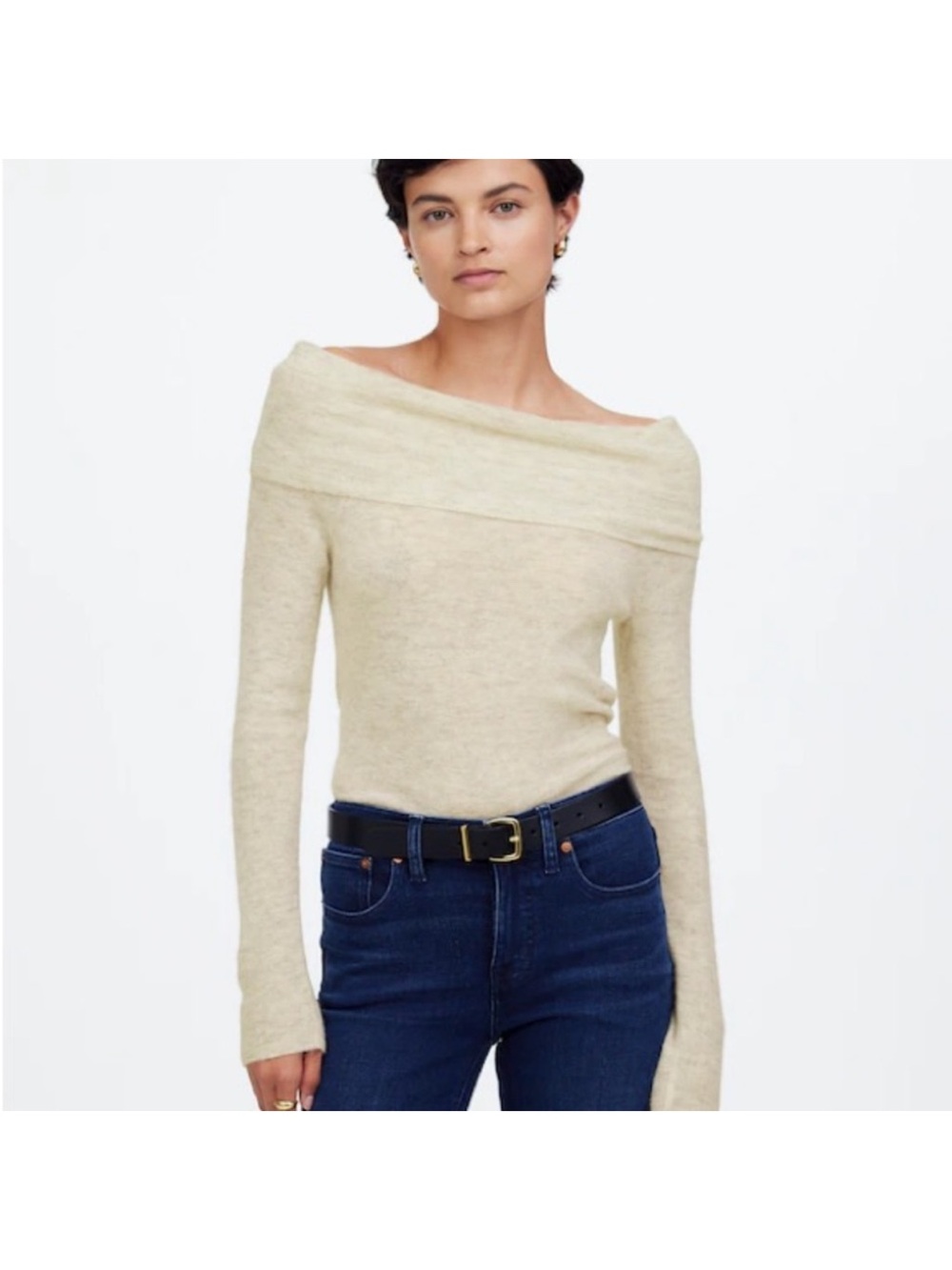 Madewell Cream Off-the-Shoulder Fold-Over Sweater